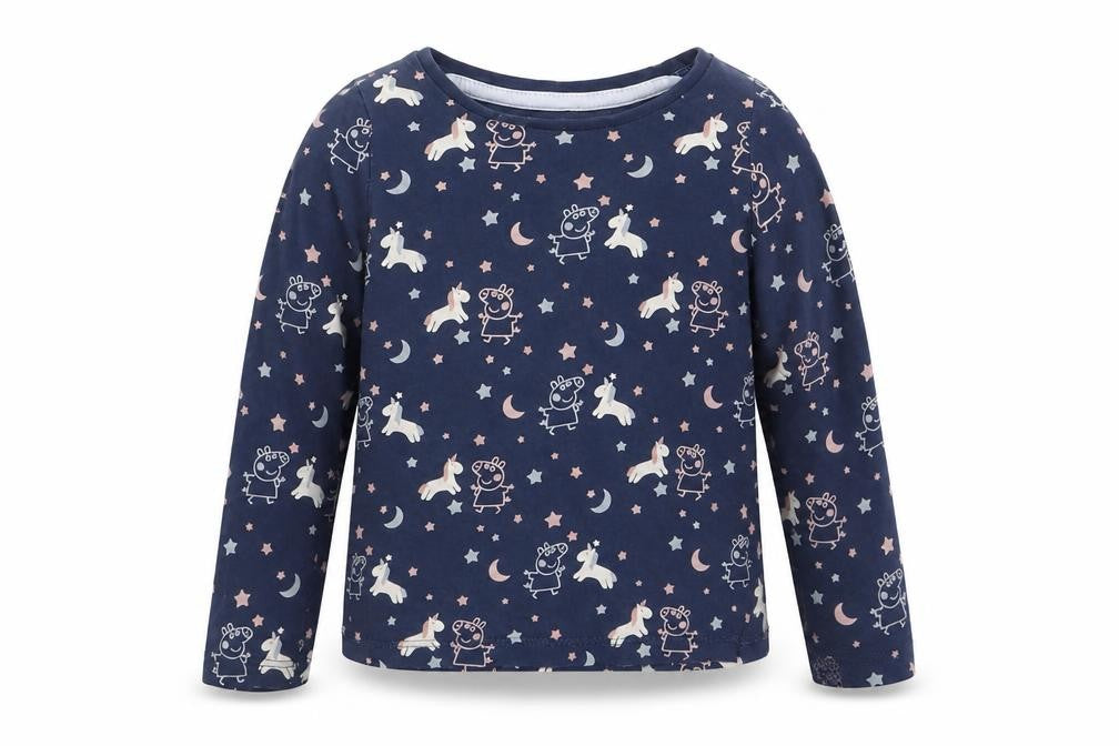 Front view of Marks & Spencer Baby Blue Geometric Cotton Basic Blouse, size 18-24, Months Crew Neck - Peppa Pig