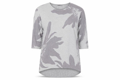 Front view of Viz a Viz women’s grey crew neck floral viscose tunic jumper, size UK 14