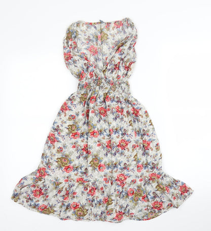 Evie Womens Beige Floral Viscose A-Line  Size 8  V-Neck