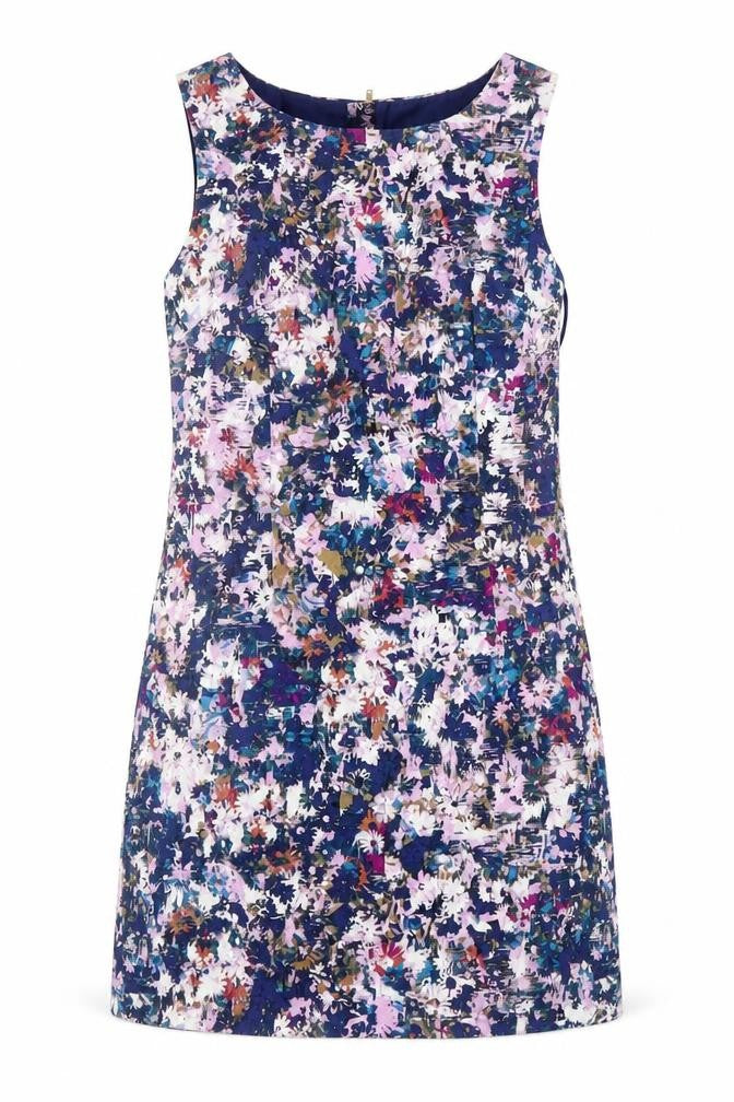 Front view of New Look women’s purple floral cotton a-line, size UK 10, round neck zip
