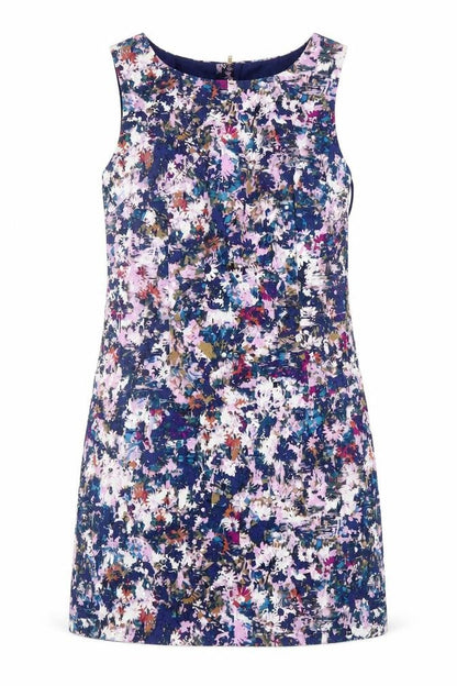 Front view of New Look women’s purple floral cotton a-line, size UK 10, round neck zip