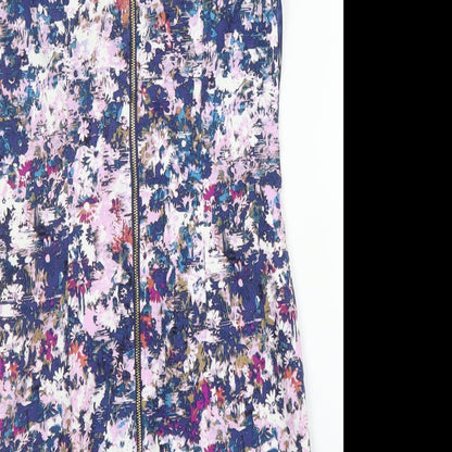New Look Womens Purple Floral Cotton A-Line  Size 10  Round Neck Zip