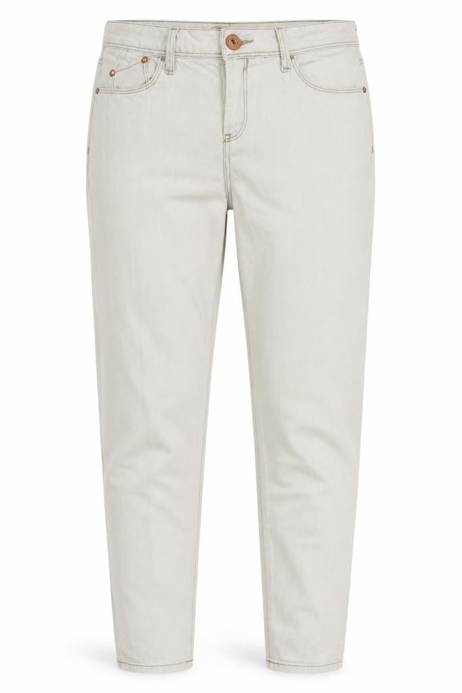 Front view of River Island women’s beige cotton tapered jeans, size UK 10, 30-inch leg regular zip