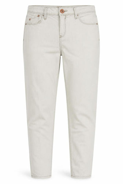 Front view of River Island women’s beige cotton tapered jeans, size UK 10, 30-inch leg regular zip