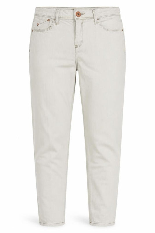 Front view of River Island women’s beige cotton tapered jeans, size UK 10, 30-inch leg regular zip