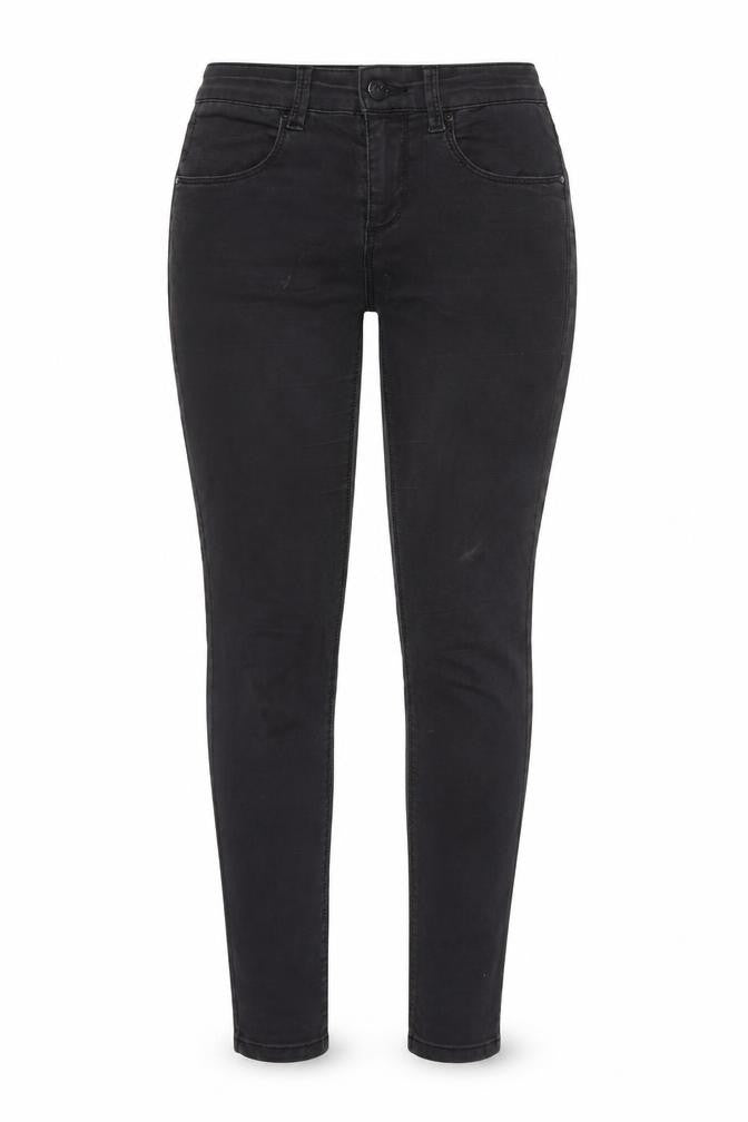 Front view of Topshop women’s black cotton skinny jeans, size UK 28, in, 32-inch leg regular zip