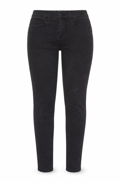 Front view of Topshop women’s black cotton skinny jeans, size UK 28, in, 32-inch leg regular zip