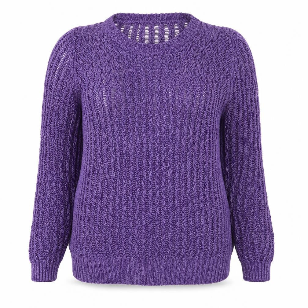 Front view of Marks & Spencer women’s purple round neck geometric acrylic jumper, size M