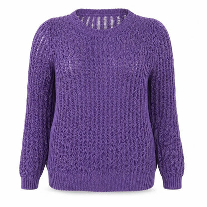 Front view of Marks & Spencer women’s purple round neck geometric acrylic jumper, size M