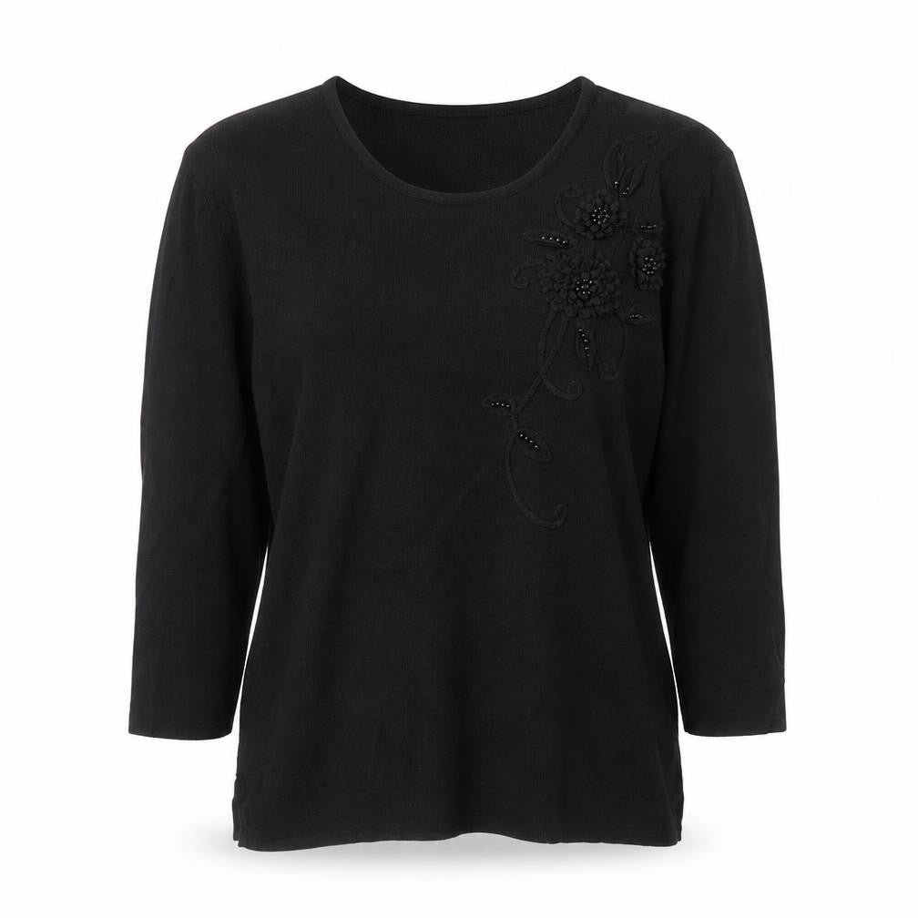 Front view of Angelina women’s black round neck floral viscose jumper, size S, - floral detail