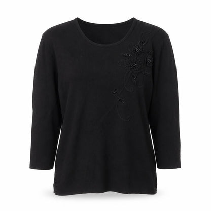 Front view of Angelina women’s black round neck floral viscose jumper, size S, - floral detail