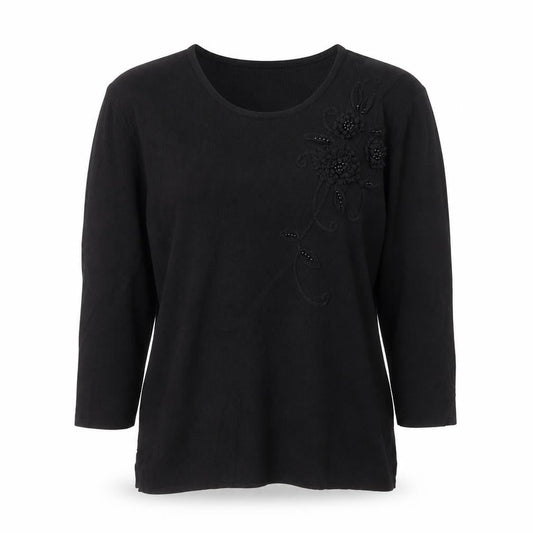 Front view of Angelina women’s black round neck floral viscose jumper, size S, - floral detail