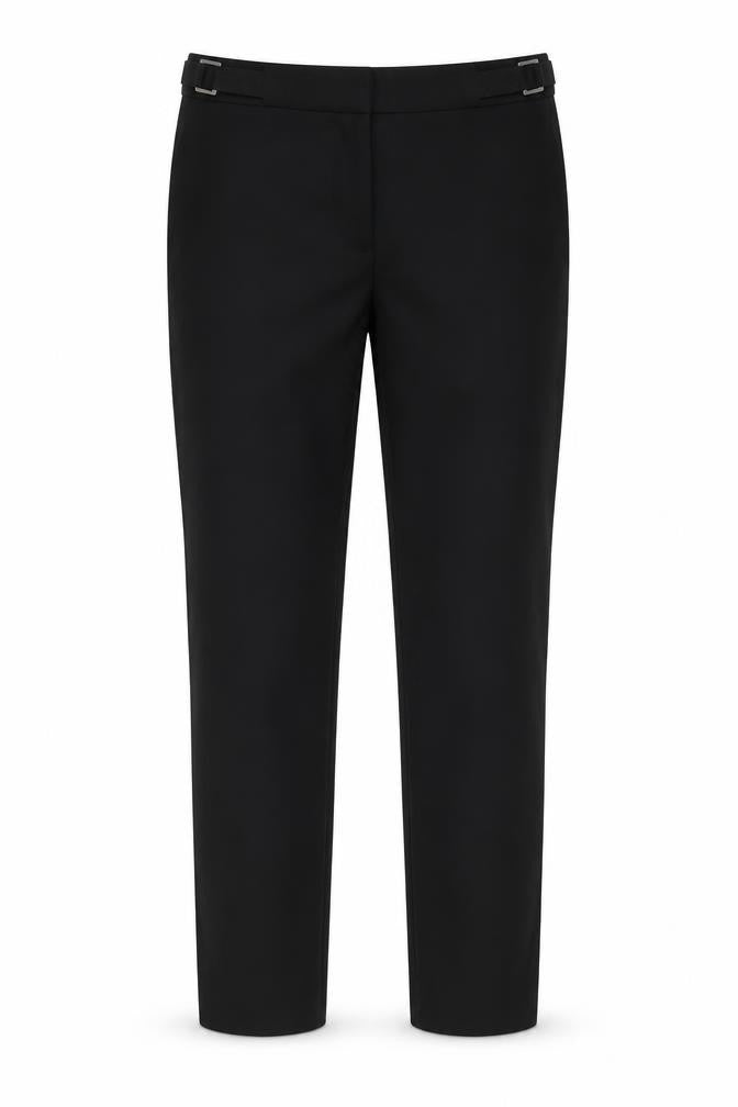 Front view of H&M women’s black cotton trousers, size UK 10, 28-inch leg regular zip