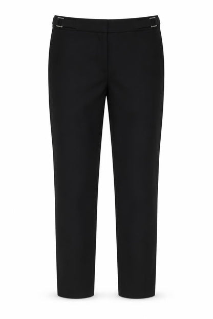 Front view of H&M women’s black cotton trousers, size UK 10, 28-inch leg regular zip