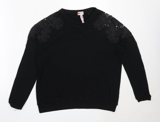 Poof Womens Black Round Neck  Cotton Pullover Jumper Size L