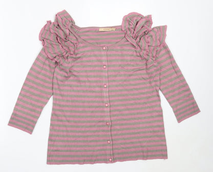 KORR Womens Pink Round Neck Striped Viscose Cardigan Jumper Size L