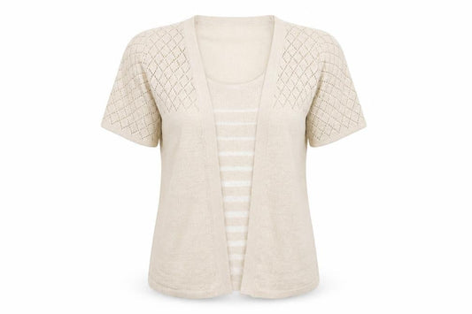 Front view of Bonmarché women’s beige round neck acrylic cardigan jumper, size S
