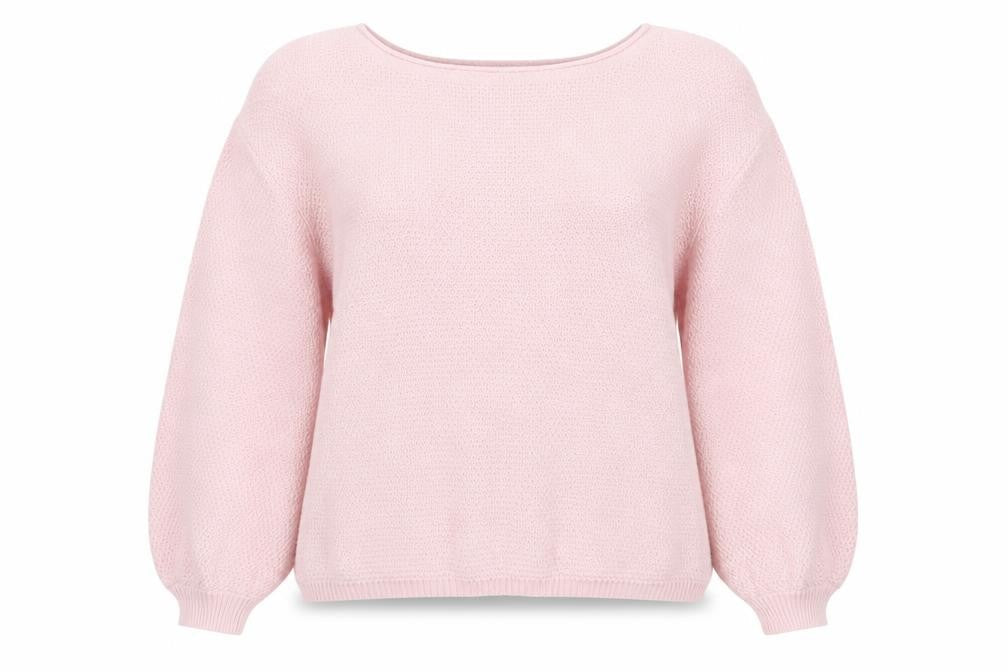 Front view of Nasty Gal women’s pink round neck acrylic jumper, size UK 10