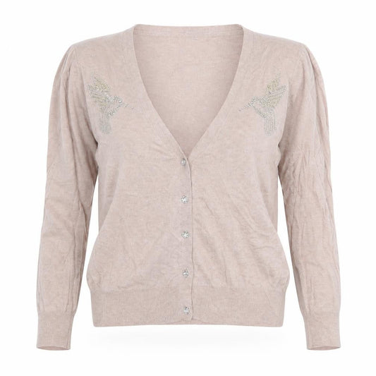 Front view of Definitions women’s pink v-neck nylon cardigan jumper, size UK 12, - birds