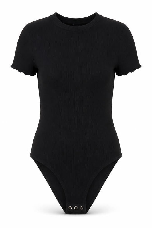 Front view of Divided women’s black cotton bodysuit one-piece, size S, snap - lettuce edging