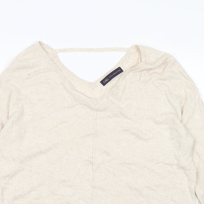 M&S Colelction Womens Beige V-Neck  Viscose Pullover Jumper Size 12