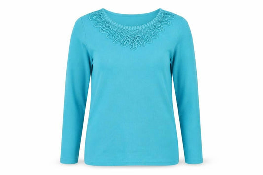 Front view of Bonmarché women’s blue round neck polyester jumper, size S, - lace detail