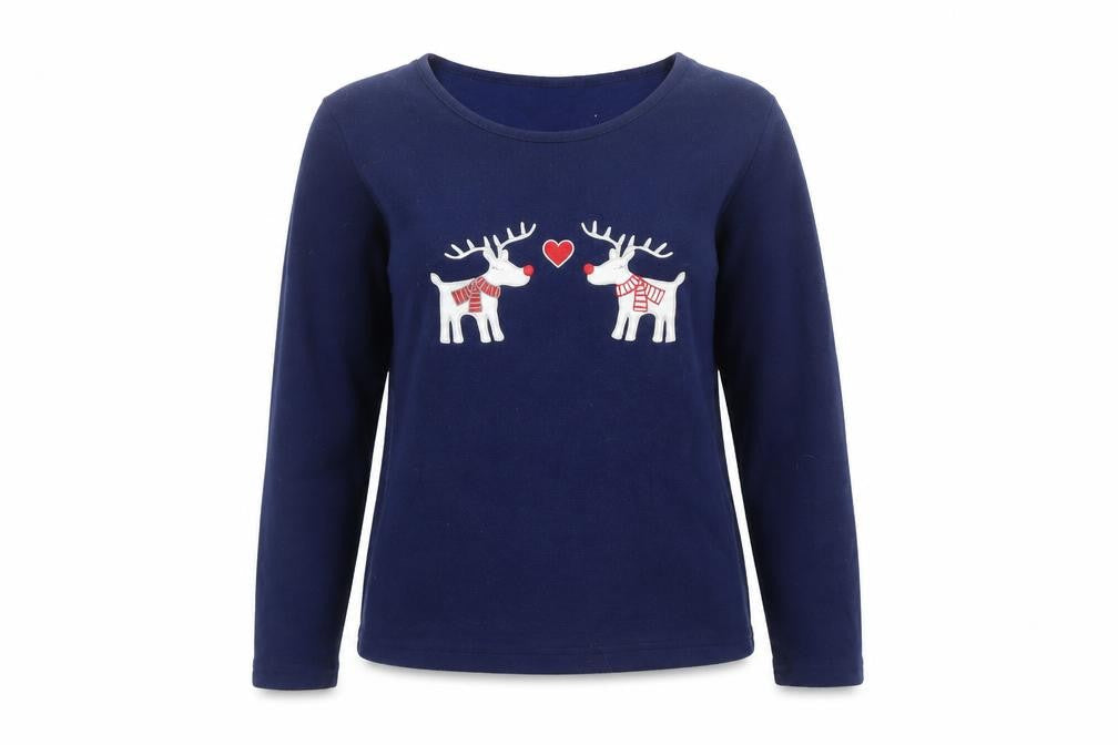 Front view of Preworn women’s blue round neck polyester jumper, size S, - christmas, pj top