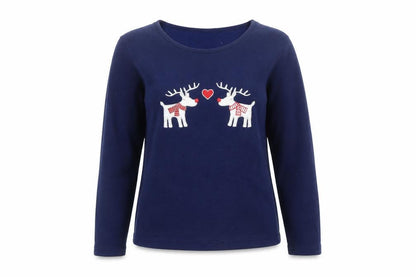 Front view of Preworn women’s blue round neck polyester jumper, size S, - christmas, pj top