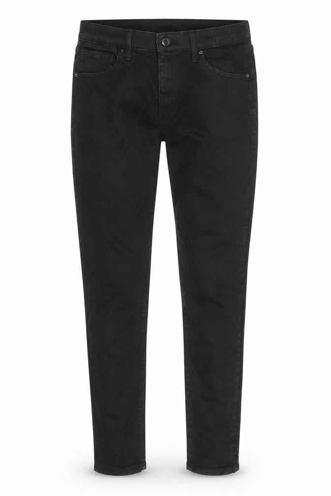 Front view of Topshop women’s black cotton skinny jeans, size UK 28, in, 29-inch leg regular zip