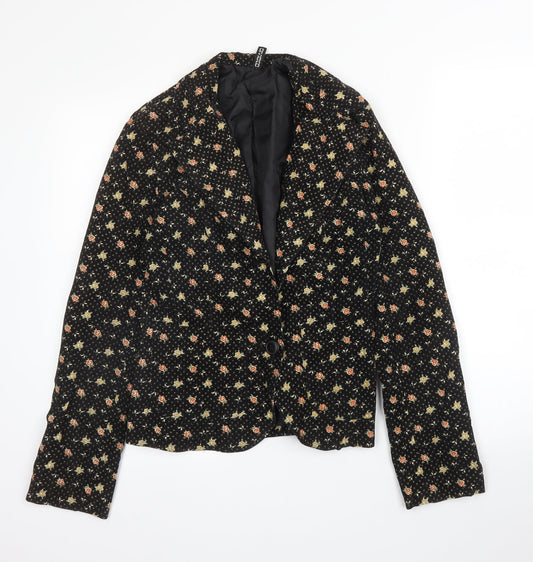 H&M Womens Black Floral Cotton Jacket Blazer Size 10