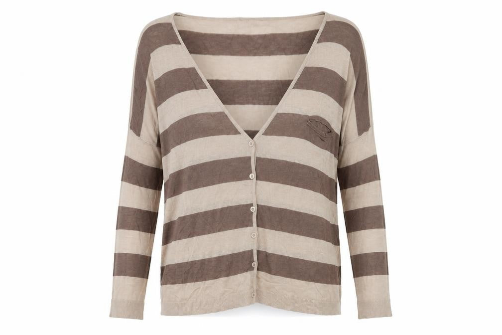 Front view of Nicole women’s brown v-neck striped viscose cardigan jumper one size