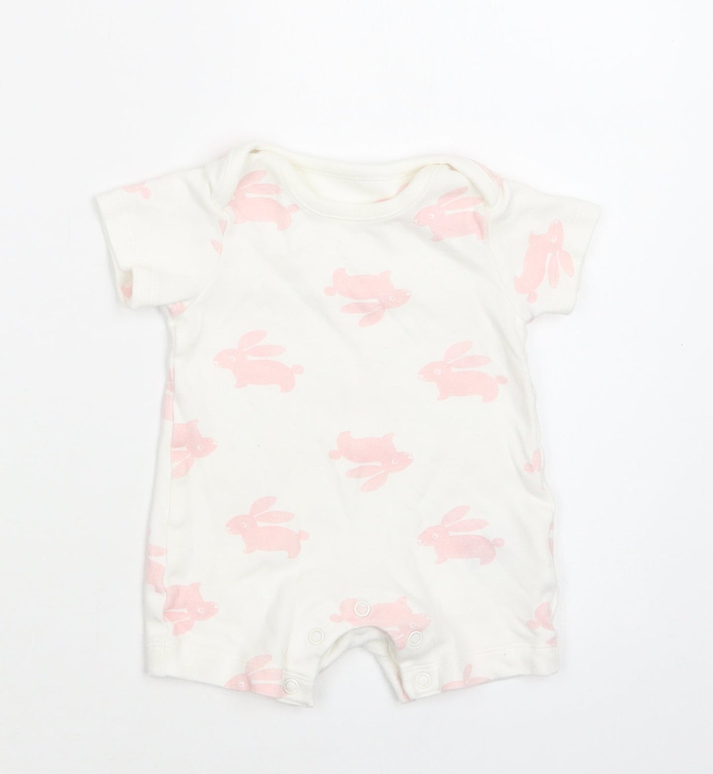 M&S Baby White Geometric Cotton Romper One-Piece Size 0-3 Months  Snap - Bunny Print