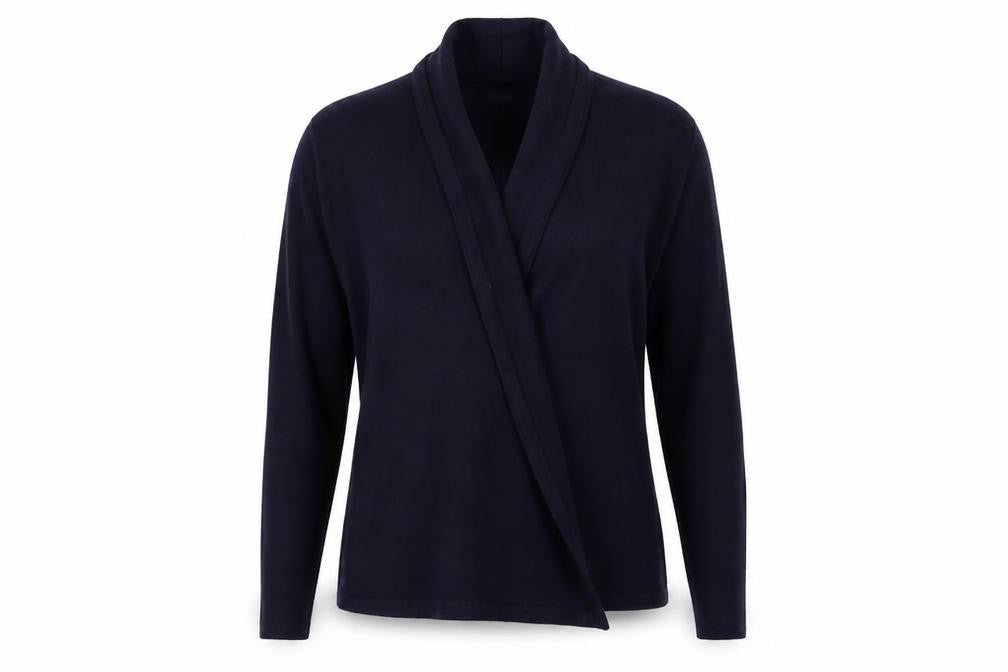 Front view of Marks & Spencer women’s purple collared acrylic cardigan jumper, size S