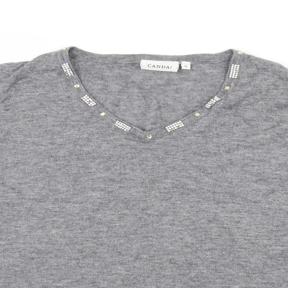 C&A Womens Grey V-Neck  Acrylic Pullover Jumper Size XL