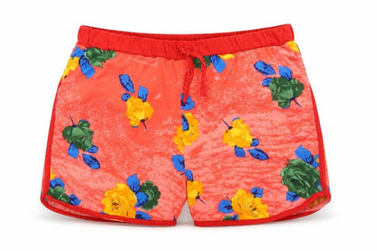 Front view of Preworn women’s red floral cotton hot pants shorts, size XL, regular drawstring