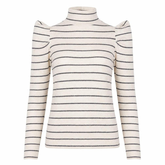 Front view of Papaya women’s beige high neck striped viscose jumper, size UK 8
