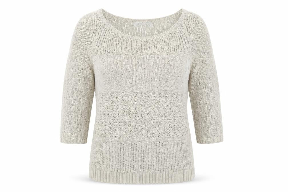 Front view of Marks & Spencer women’s beige round neck geometric acrylic jumper, size UK 12