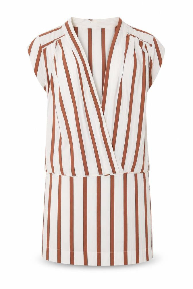 Front view of Zara women’s white striped viscose bodycon, size S, v-neck