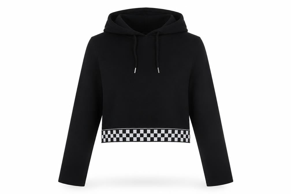 Front view of H&M women’s black check cotton pullover hoodie, size M