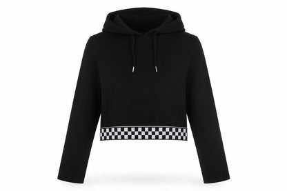 Front view of H&M women’s black check cotton pullover hoodie, size M