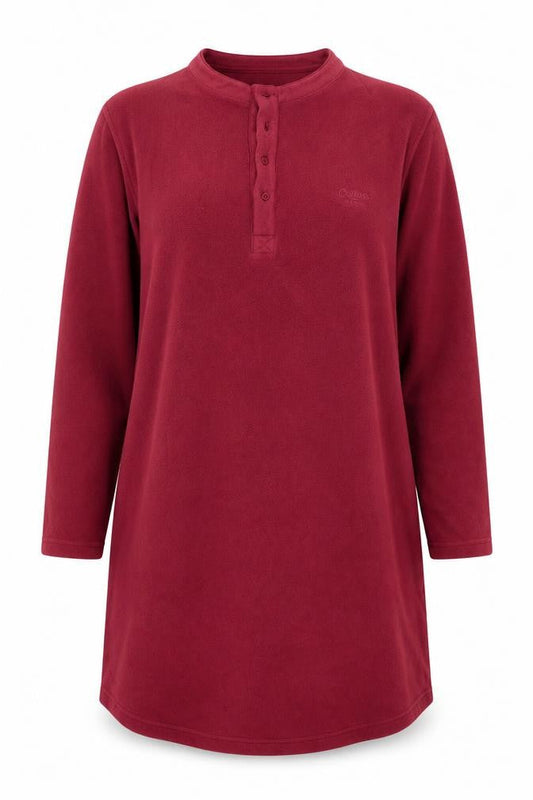 Front view of Cotton Traders women’s red polyester t-shirt dress, size S, henley pullover