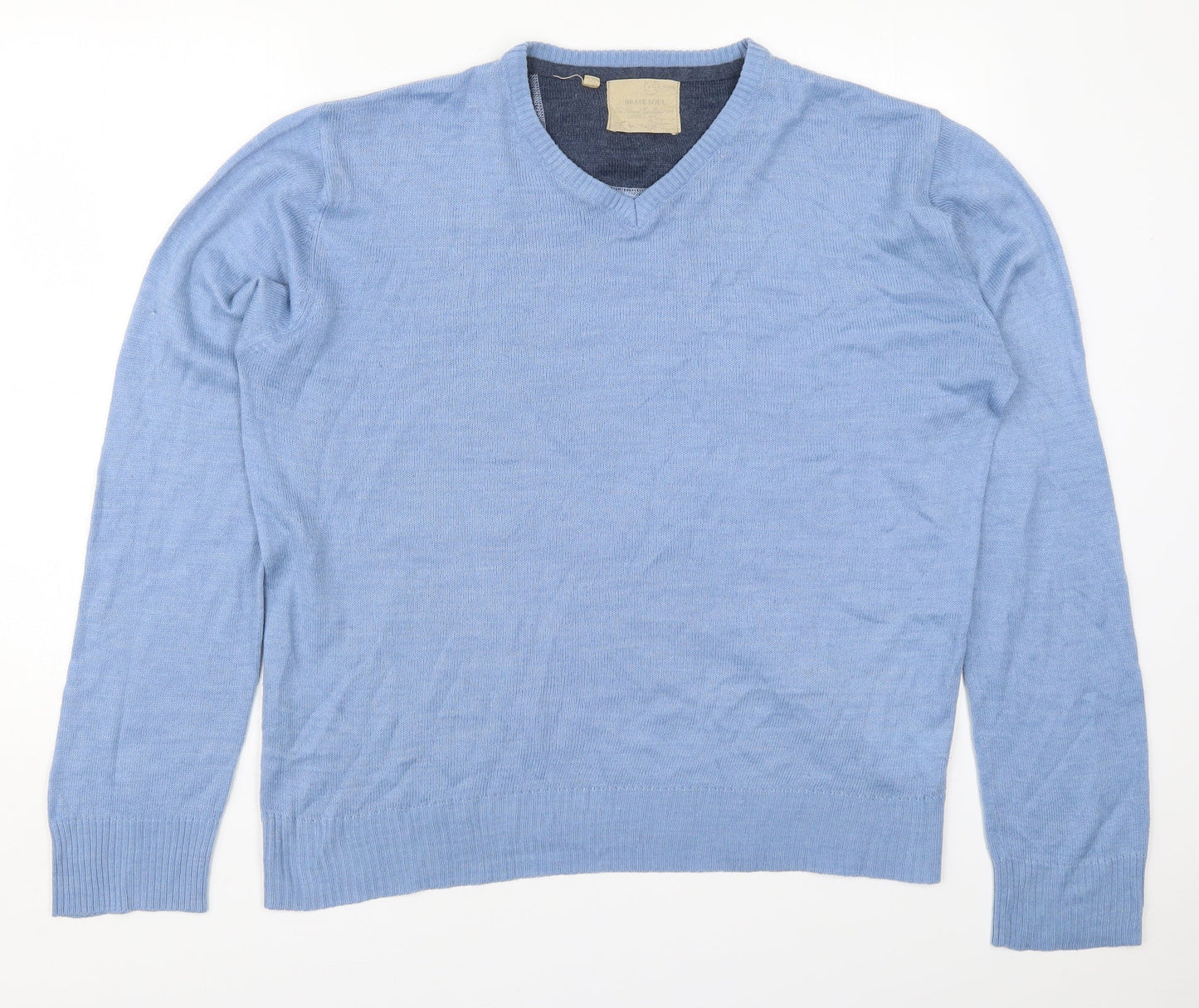 Brave Soul Mens Blue V-Neck  Acrylic Pullover Jumper Size XL
