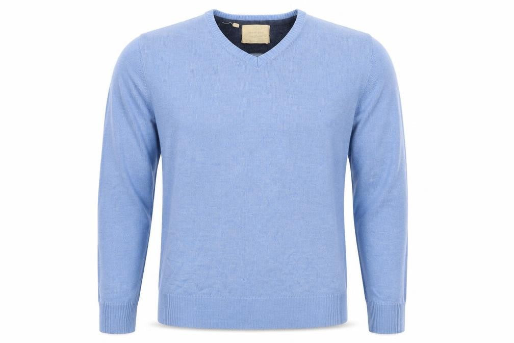 Front view of Brave Soul men’s blue v-neck acrylic jumper, size XL