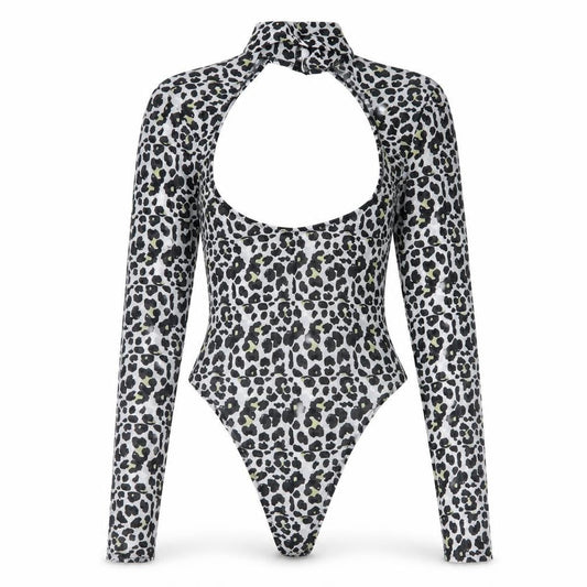 Front view of ASOS women’s black animal print polyester bodysuit one-piece, size UK 4, button - cut out