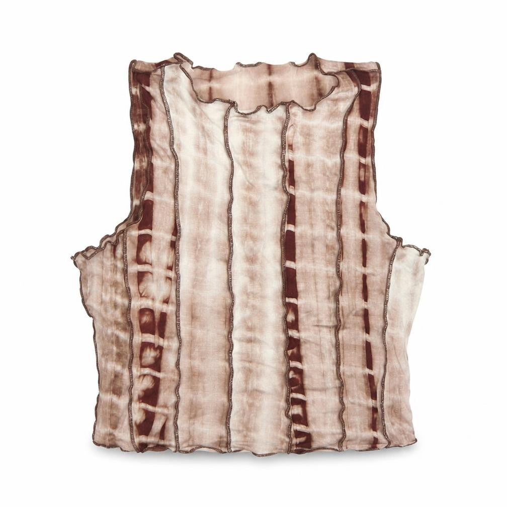 Front view of SHEIN women’s brown striped polyester cropped tank, size XS, mock neck - lettuce edging