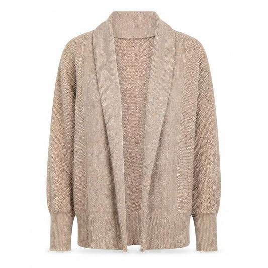 Front view of Marks & Spencer women’s beige v-neck cotton cardigan jumper, size UK 10