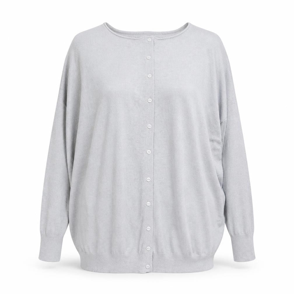 Front view of Preworn women’s grey boat neck viscose cardigan jumper one size