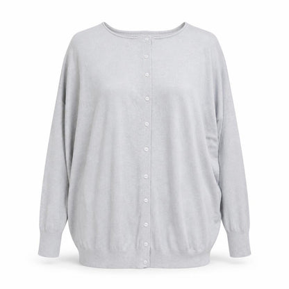 Front view of Preworn women’s grey boat neck viscose cardigan jumper one size