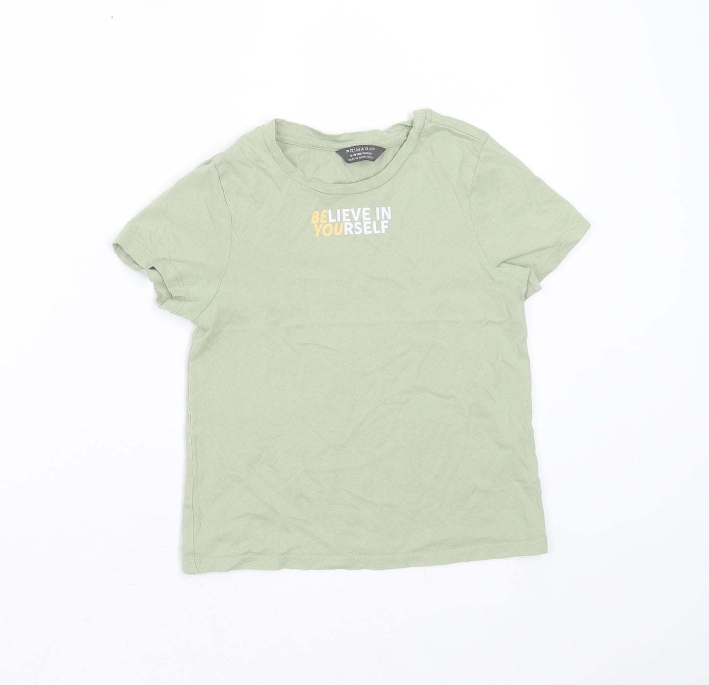 Primark Boys Green  Cotton Basic T-Shirt Size 9-10 Years Round Neck  - Believe in yourself