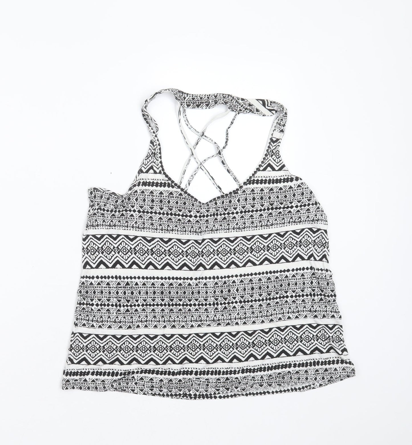 FOREVER 21 Womens Black Geometric Viscose Basic Blouse Size L Round Neck